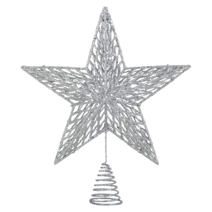 Gümüş, Delikli Desen, Parıltılı 3D Ağaç Tepe Yıldızı 33cm