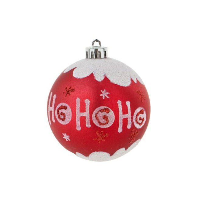 Kırmızı, Beyaz Parıltılı üzerinde ho ho ho yazılı top, ağaç süsü. 8cm