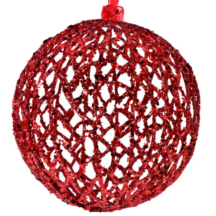 Sİmli, delikli desenli Noel ağacı süsü kırmızı top 15cm