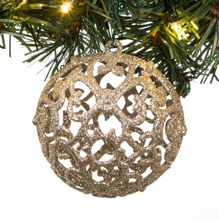 Sİmli, delikli desenli Noel ağacı süsü şampanya top 10cm